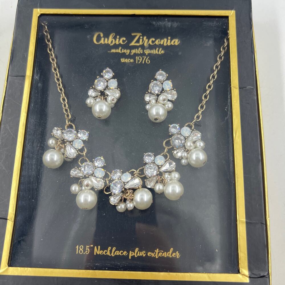 Cubic Zirconia Necklace and Earring Set Faux Pearls Antique Gold Tone New in Box